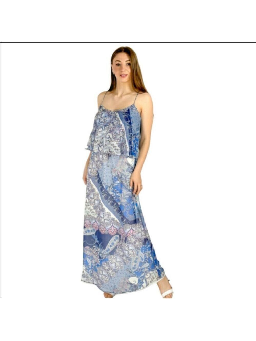 *Massimo Dutti Blue & White Halter Maxi Dress Boho Print Sleeveless Size 2